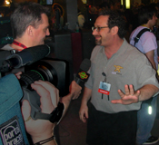 Espousing the wonders of 'Freelancer' to the media at E3 2000.